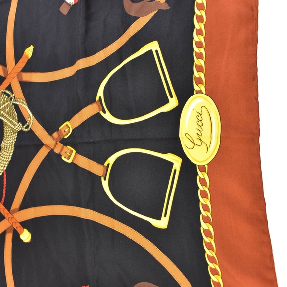 Gucci Black/Red/Gold Equestrian & Logo Silk Scarf - Picture 5 of 8